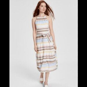 Brand New Women's DKNY Cotton Halter-Neck Midi Belted Dress